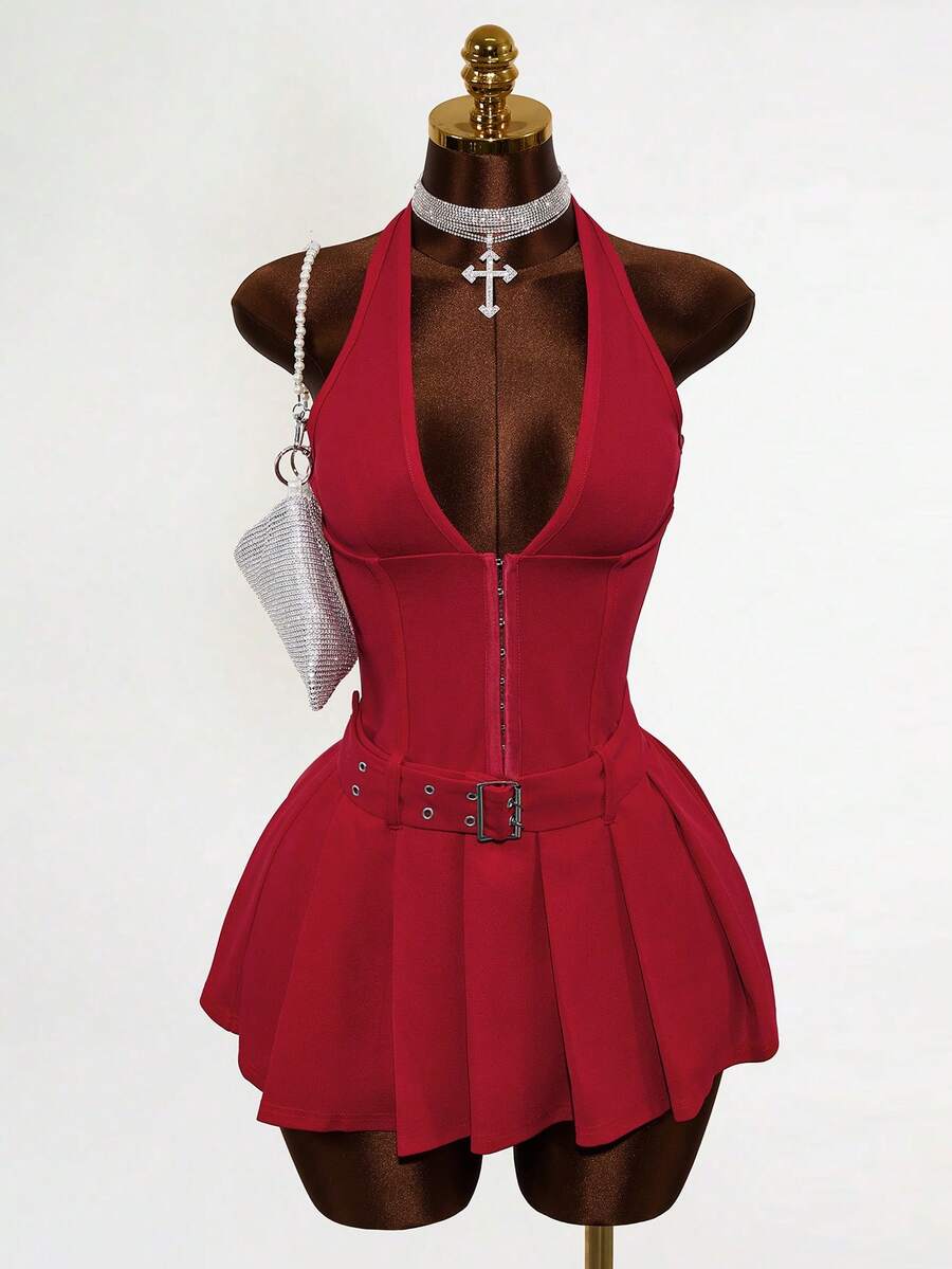 Mistrie 复古性感酒红色V领吊坠鱼骨扣腰带短裙 - 酒紅色 - 查看 1