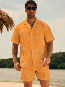 Manfinity Swimmode Men's Botanical Allover Print Front Button Casual Loose Beach Shorts Set - Yellow - View 7