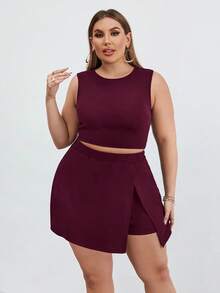 Firerie 大码优雅简约纯色无袖上衣和短裤两件套 - 中紫紅色 - 查看 5