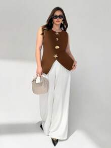 Auralis Áo vest công sở nữ cỡ lớn tay tròn đơn giản viền kim loại, phụ kiện văn phòng, áo giáo viên, áo kiểu dễ thương để đi chơi, áo công sở nữ, áo giáo viên mùa thu, áo công sở thường ngày. - màu nâu - Xem 5