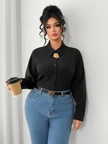 Elenzga Blusa básica y versátil de manga larga, de un solo pecho, de unicolor, para mujer de talla grande, para uso casual y laboral - Negro - Ver 4