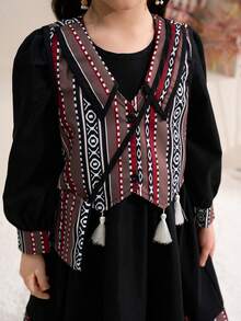 Young Girl Geometric Print Round Neck Long Sleeve Tassel Decor Casual Dress - Black - View 3