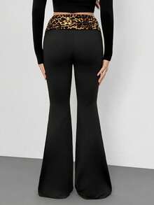 SHEIN Tall 女士时尚休闲豹纹喇叭裤 - 黑色 - 查看 2