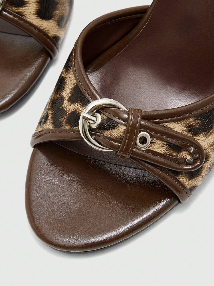 CUCCOO SZL Brown PU Leather Mixed Gold Buckle Decor 3.5" High Heel Round Toe Retro Mule Sandals For Christmas Prom Heels