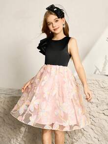 Gaun Formal Pendek Berpotongan Pas Badan Elegan dari Satin Hitam dengan Motif Jala Patchwork untuk Anak Perempuan Remaja, Gaun Midi Gala Musim Panas untuk Pesta Malam, Pernikahan, Prom, Wisuda - Hitam - View 6