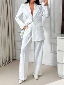 EURMUSE Women Two Pieces Rhinestone Detailed Blazer And Pant Suit Sets - White - View 5