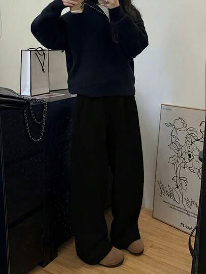 SHEIN 女士黑色弹力腰褶皱口袋宽松休闲直筒裤