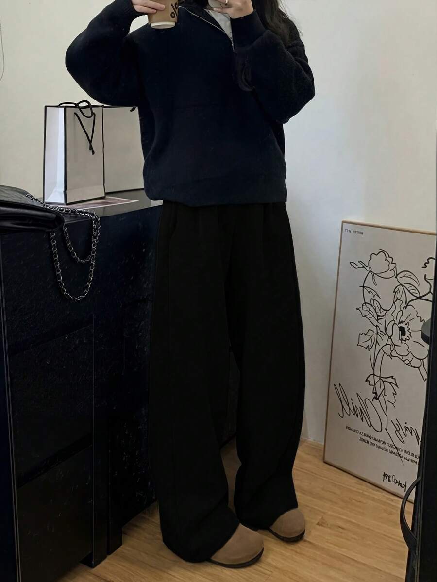 SHEIN 女士黑色弹力腰褶皱口袋宽松休闲直筒裤 - 黑色 - 查看 1