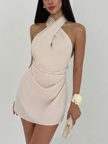 Aloruh 极简露背系带褶皱迷你杏色女装 - 杏色 - 查看 5