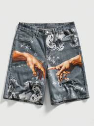 ROMWE MEN Street Life Men's Fashion Belted Casual Summer Printed Denim Shorts