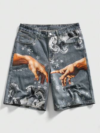 Street Life Men's Fashion Belted Casual Summer Printed Denim Shorts