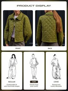 lacRébo Winter Green Quilted Jacket With Ruffled Collar And Button Front Winter Women Clothes Spring Summer  New Year - Army Green - View 9