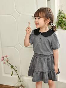 Genkimix Kids 2pcs/Set Toddler Girl Baby Collared Puff Sleeve T-Shirt And Layered Skirt, School Grey Top And Skirt Outfit