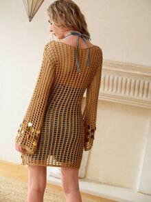 MOTF PREMIUM VESTIDO DE PUNTO CALADO CON LENTEJUELAS - Caqui - Ver 3