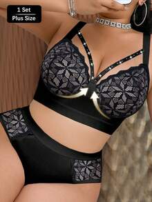 SHEIN 2pcs Plus Size Lace Patchwork Wireless Bra Set - Black - View 4