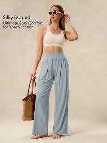 OutZeal Women Sports Pants Summer Daily Casual Silky Soft Cool Touch Nylon Tech Fabric Wide Leg High Waist With Pockets - Blue - View 3