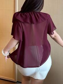 Vibekara Áo kiểu tay ngắn, cổ chữ V, màu trơn, chất liệu chiffon, dáng ôm, xuyên thấu, gợi cảm, dành cho người có vóc dáng đầy đặn. - Màu Đỏ Sâu - Xem 2