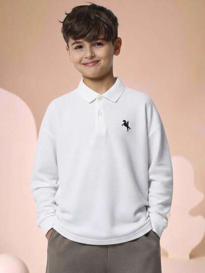 男童长袖小马图案polo衫，适合通勤、上学、休闲、大学、运动、秋冬季高尔夫等场合，白色上衣