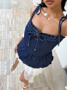Sunnyshic Women's Fashion Casual Lace Drawstring Tie Ruffle Hem Washed Denim Camisole - Dark Wash - View 6
