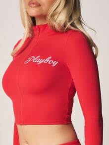Missguided x Playboy Full-Zip Hooded Track Jacket With Script Logo Long Sleeve Red Athletic Wear Training Outerwear - Red - View 4