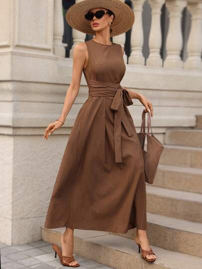 Editum Vestido largo con cintura ajustada y sensación de lino, con bolsillos, elegante y estilizador, adecuado para uso diario, maestros y oficina