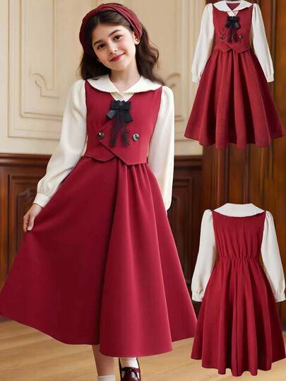 SHEIN Sparklyn Girls' Autumn Corduroy Colorblock Red & Apricot Detachable Pearl Tassel Pinafore Dress, Elegant Floral Collar Preppy Style Casual Dress