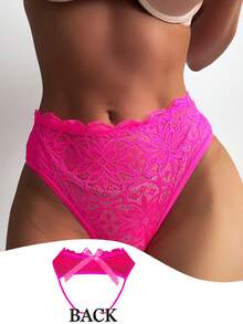 SpicyHot Lace Panel Decorated Bow Sexy Open Back Briefs For Going Out - Hot Pink - View 2