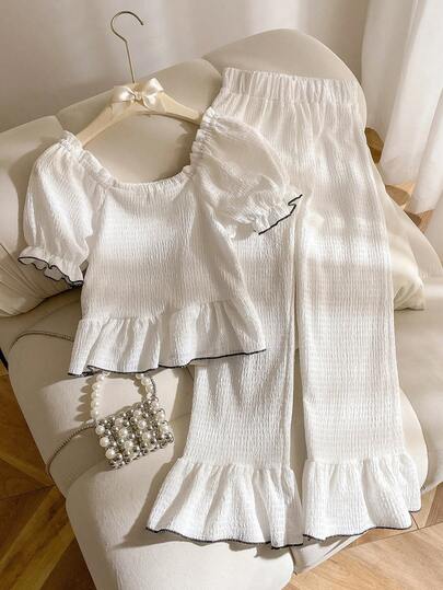 Elladie kids 2pcs Tween Girls Boat Neck Ruffle Hem Casual Fashion Short Sleeve Top + Ruffle Hem Casual Fashion Pants