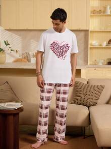 Velminro 男士休闲爱心印花圆领短袖家居服上衣 - 白色 - 查看 5