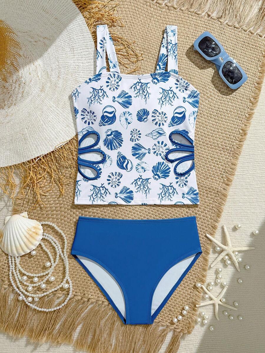 SHEIN Tween Girls' Spaghetti Strap Bikini Top, Casual & Fashionable With Blue Shell & Ocean Element Pattern, Hollow Lace Trim On Sides, Suitable For Vacation, Unlocking Summer Fashion - Multicolor - View 1