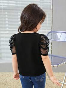 SHEIN Ung flicka mesh patchwork rund hals enfärgad kortärmad t-shirt - Svart - Visa 3