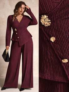 SHEIN PETITE CURVE 秋冬女装时尚休闲纯色纹理金属扣带不对称开衩裤装套装，时尚外出，女士办公室穿着，工作/办公 - 酒紅色 - 查看 3