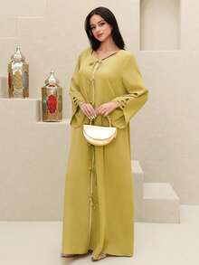 Yasmyna 女士纯色扭结镂空V领长袖土耳其长裙和阿拉伯传统罩袍 - 黃色 - 查看 3