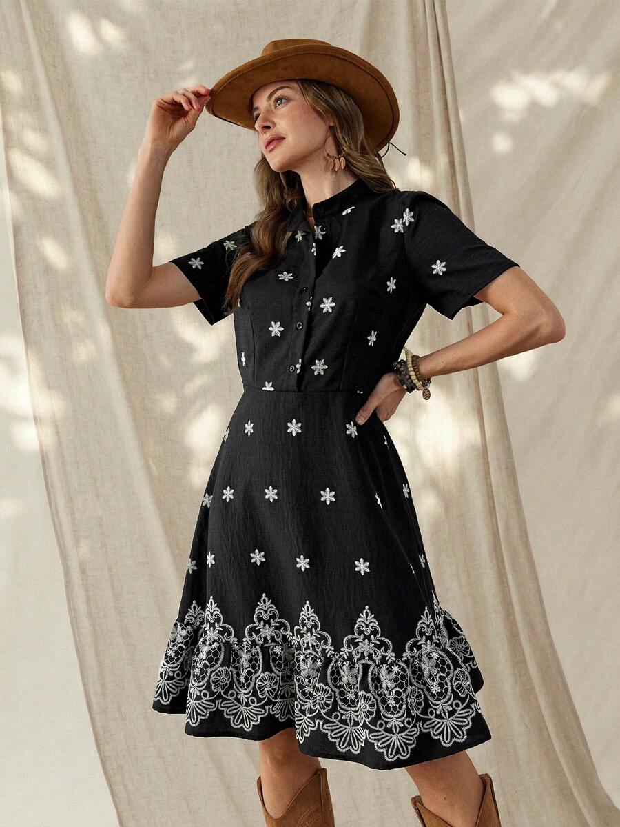 Wildy BOHO Casual American Western Country Vintage Retro Floral Pattern Midi Dress, Everyday Basic For Spring/Summer, Suitable For Outdoor, Commuting - Multicolor - View 1