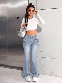 SHEIN 复古蓝色牛仔蝴蝶口袋修身喇叭裤，适合少女穿着 - 淺色水洗藍 - 查看 4