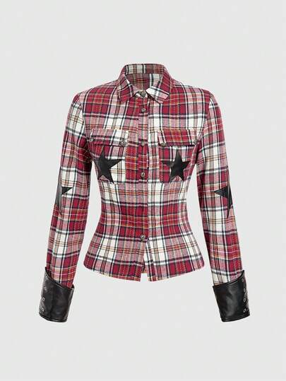 Grunge Punk Camicia aderente vintage PUNK in patchwork a quadri rosso e nero con applicazione a stella in PU