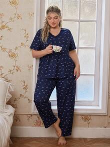 CottageSlumber Plus Size Women Knitted Ribbed Ditsy Floral Short Sleeve Pajama Set - Blue - View 7