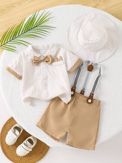 SHEIN 4件套幼儿男童绿色格子套装，包括短袖衬衫（带领）和常规背带短裤，绅士装扮，适合生日、婚礼、毕业典礼或休闲场合。