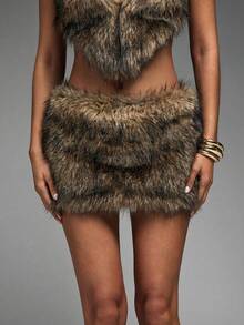 Hauture 秋季性感黑帮太太派对双色皮草迷你裙 - 卡其色 - 查看 4