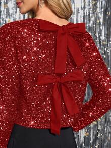 SHEIN Clasi Women's Round Neck Long Sleeve Sequin Elegant Everyday Wear, Holiday Party Sparkly Bow Tie Back Blouse, Autumn/Winter - Red - View 3