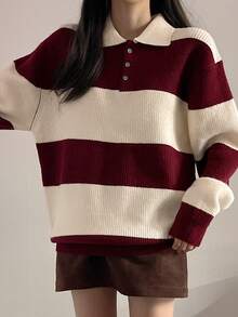 DAZY Women's Collared Striped Patchwork Contrast Color Half-Zip Sweater - Burgundy - View 3