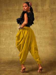 Vixey 褶皱宽松褶皱结构弹性腰带哈伦慢跑裤 - 黃色 - 查看 5