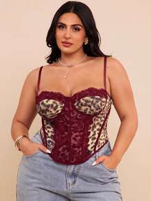 SHEIN BAE 大码女式豹纹蕾丝拼接吊带背心 - 酒紅色 - 查看 3