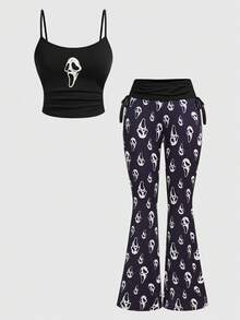 ROMWE Goth Dark Skeleton Print Fitted Camisole Top Paired With Skeleton All-Over Print Flare Pants - Black - View 1
