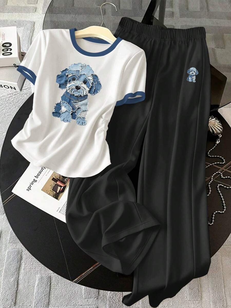 Resyla Bộ 2 món dành cho nữ, áo ngắn tay và quần in hình hoạt hình cún con, viền tương phản. - Nhiều màu - Xem 1