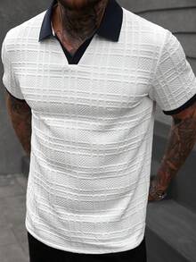 Manfinity CasualCool 男士休闲纹理撞色滚边短袖polo衫，夏季休闲两件套男士黑白衬衫男士V领衬衫男士白灰图案衬衫男士两件套服装白色复古风，适合日常休闲、周末旅行、户外活动、探险旅行、轻松的工作环境或半正式场合，可作为男友/丈夫礼物、周年纪念/生日礼物、派对、夏季假期、新年、婚礼、情人节等场合穿着。男士时尚上衣男士衬衫街头风白色纹理polo衫 - 白色 - 查看 7
