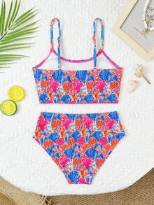 SHEIN 少女比基尼套装 这款可爱的少女比基尼套装采用色彩缤纷的贝壳印花，针织面料制成，配有可调节肩带，方便调整松紧。时尚、休闲、优雅又不失魅力，非常适合游泳、夏季度假、海滩之旅、泳池派对、夏季假日派对和休闲旅行。少女两件套泳装沙滩装 - 橘色 - 查看 2