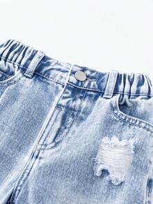 Jeans rectos con bordados y desgaste para niñas jóvenes, de estilo universitario casual y cómodo. Lavado claro, tela suave de color azul - Lavado ligero - Ver 4