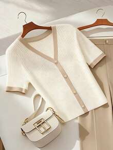 Franclia 女士优雅日常办公通勤纽扣短袖上衣和直筒裤两件套 - 彩色 - 查看 3