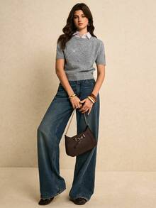 Poéselle New Spring/Autumn Korean Style Minimalist Commuter Elegant Beaded Design Women Knit Top - Grey - View 1